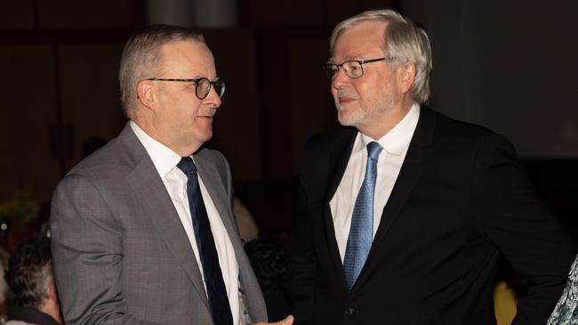 Albanese with Rudd in 2023. Rudd’s brief return as prime minister in 2013, after Julia Gillard was dumped, was critical to Albanese’s further rise. Picture: NCA NewsWire / Gary Ramage