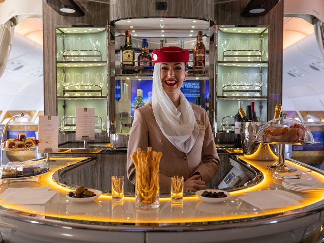 The bar in the business class lounge of an Airbus SE A380-800 aircraft operated by Emirates Airline, 2019. Picture: Getty Images