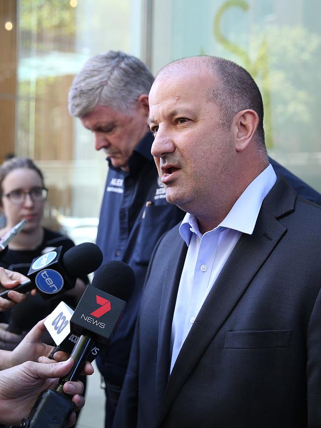 Rail, Tram and Bus Union NSW Secretary Alex Claassens briefs the media after meeting with bosses.