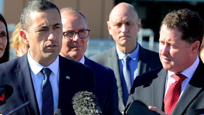 Treasurer Tom Koutsantonis with Premier Jay Weatherill Health Minister Jack Snelling announcing the new hospital on Tuesday. Photo: Sam Wundke