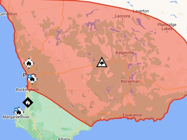 WA's Department of Fire and Emergency Services issued the massive warning area on Monday morning as a cold front bore down on the state's southwest.