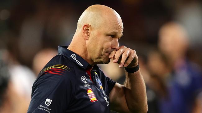 ADELAIDE, AUSTRALIA - MARCH 22: Matthew Nicks, Senior Coach of the Crows at 3 quarter time during the 2024 AFL Round 2 match between the Adelaide Crows and the Geelong Cats at Adelaide Oval on March 22, 2024 in Adelaide, Australia. (Photo by Sarah Reed/AFL Photos via Getty Images)