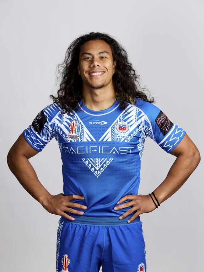 Jarome Luai of Samoa poses for a photo during the Samoa Rugby League World Cup Portrait session on October 09, 2022 in Doncaster, England.