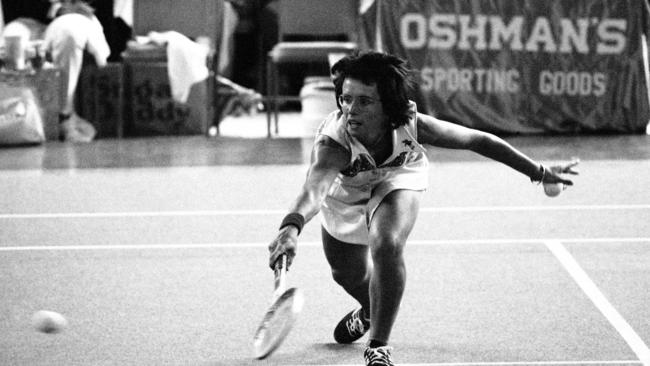 FILE - In this Sept. 20, 1973, file photo, Billie Jean King reaches to hit a return during her match against Bobby Riggs in the Astrodome in Houston, Texas. King beat Riggs 6-4, 6-3, 6-3. (AP Photo/File)