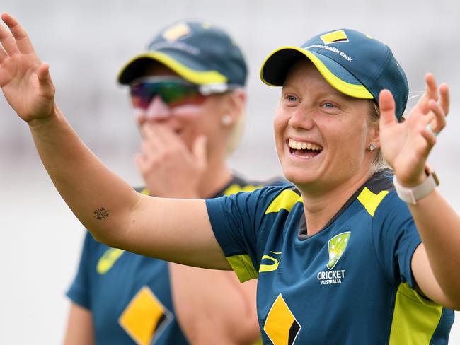 TAUNTON, ENGLAND - JULY 17: Alyssa Healy of Australia Women reacts during Australia Women Nets Session at The Cooper Associates County Ground on July 17, 2019 in Taunton, England. (Photo by Harry Trump/Getty Images)