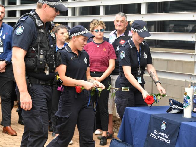 Memorial police service for Constable Matthew Arnold and Constable Rachel McCrow at Townsville Police Station. Constable Glenn Templeton and Constable Bree Lochyear, who went through Police Academy with Rachel, Constable Dakotah Camin who knew Matthew. Picture: Evan Morgan