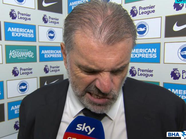 Tottenham manager Ange Postecoglou shows his disgust in his post-match interview after Spurs 3-2 loss to Brighton.