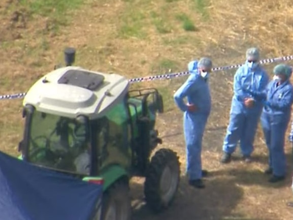 Investigators at the farm near Beaudesert where a woman was killed by a tractor thresher. Picture : Supplied / ABC