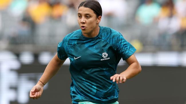 PERTH, AUSTRALIA - OCTOBER 29: Samantha Kerr of the Matildas warms up before the AFC Women's Asian Olympic Qualifier match between Philippines and Australia Matildas at Optus Stadium on October 29, 2023 in Perth, Australia. (Photo by Will Russell/Getty Images)