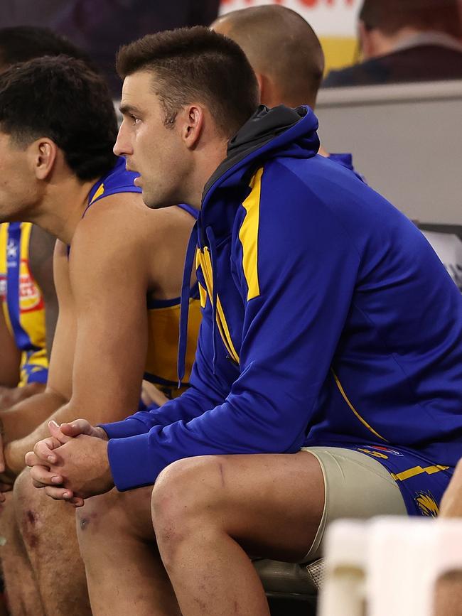 An injured Elliot Yeo sits on the bench. Picture: Paul Kane/Getty Images