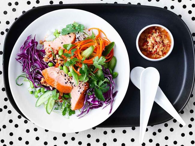 Hot-smoked salmon bowl with edamame sushi rice and slaw.