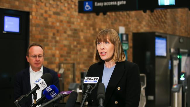 Minister for Transport Jo Haylen, addresses the media in a press conference at Crows Nest Metro Station. Picture: Newswire / Gaye Gerard