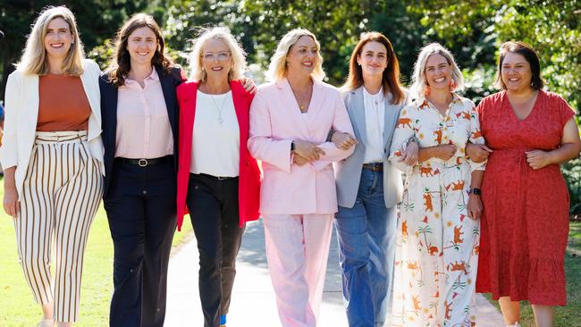 Corinne Mulholland, Emma Comer, Madonna Jarrett, Kara Cook, Ali France, Renee Coffey and Julie-Ann Campbell led Labor’s charge in Queensland. Picture Lachie Millard/NCA NewsWire