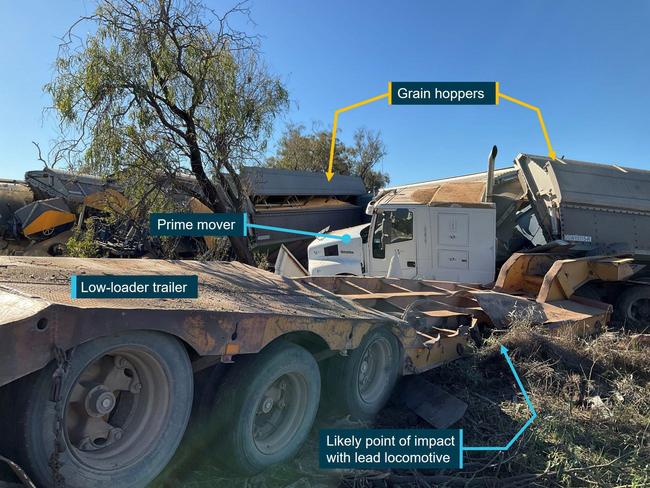 The aftermath of the crash involving a truck and a train at Toobeah. Picture: Queensland Police Service, annotated by the ATSB