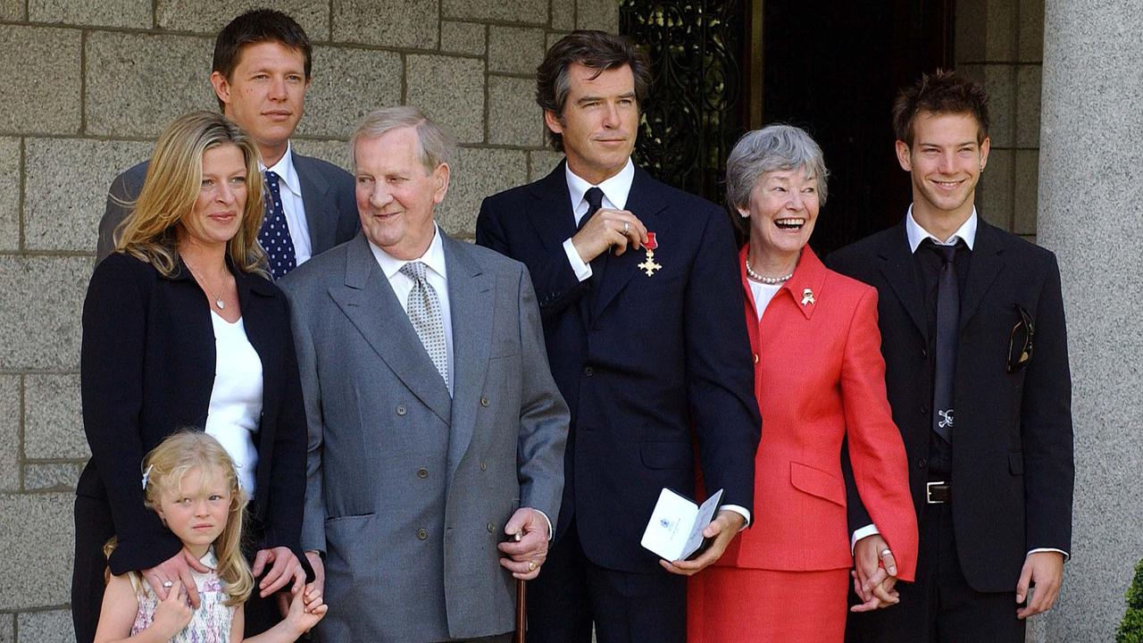 Pierce Brosnan (centre) and family (including Christopher, back left) in 2003. It’s understood Pierce and Christopher’s relationship faltered soon after. Picture:Getty Images