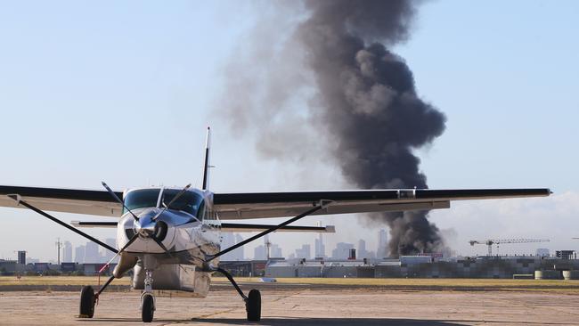 The scene at Essendon Airport after a charter plane leaving the airport crashed. Picture: Michael Dodge/Getty Images