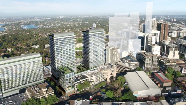 Artist’s impression of the four towers proposed as part of the Sydney Metro Crows Nest  Station. The shadow shapes are private proposals and unrelated. Picture: NSW Government