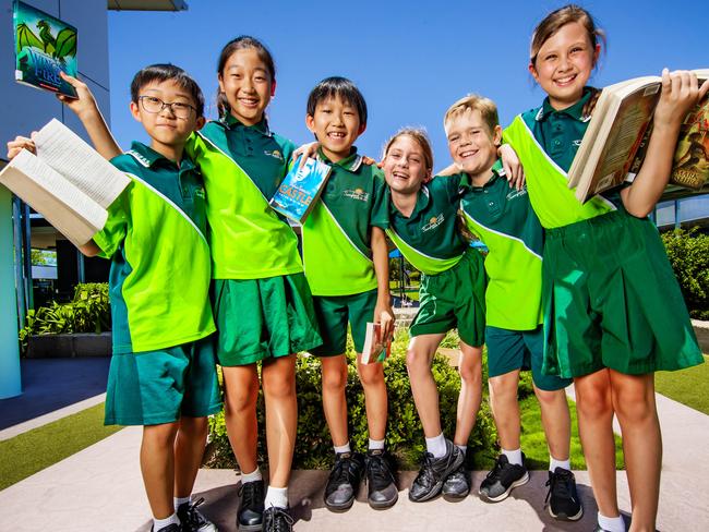 Sunnybank Hills State School Year 5 students Ricky Xu, Jina Jung, Ethen Qiang, Sophia Minge, Hayden Davies and Chelsea Reid. Picture: Nigel Hallett