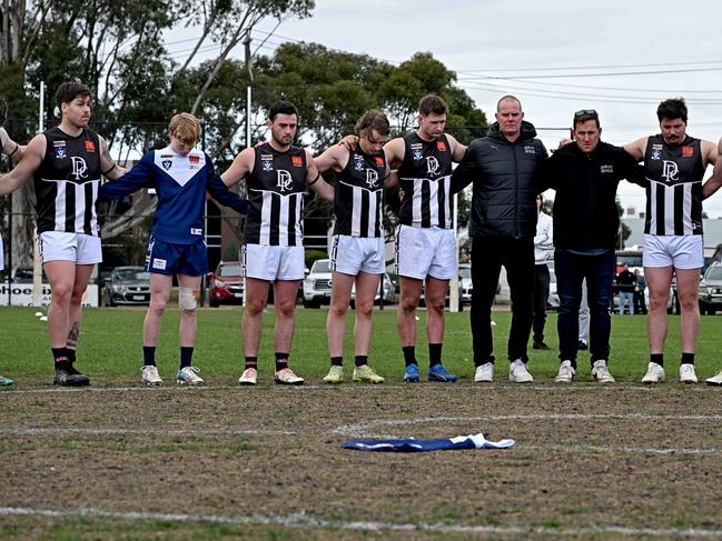 One minutes silence for  Billy Sullivan, a former player at both clubs, who died suddenly earlier this week before the start of  Ballarat league Melton South v Darley football match in Melton, Saturday, June 22, 2024. Picture: Andy Brownbill