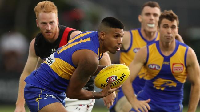 PERTH, AUSTRALIA - FEBRUARY 27: Tim Kelly of the Eagles in action during the 2020 Marsh Community Cup AFL match between the West Coast Eagles and the Essendon Bombers at Mineral Resources Park on February 27, 2020 in Perth, Australia. (Photo by Paul Kane/Getty Images)