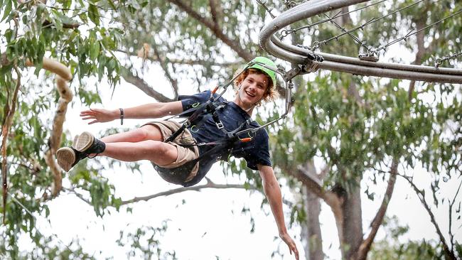 Fraser Balderas lets loose on the 525-metre-long Shockwave Zip Coaster. Picture: Nicole Cleary