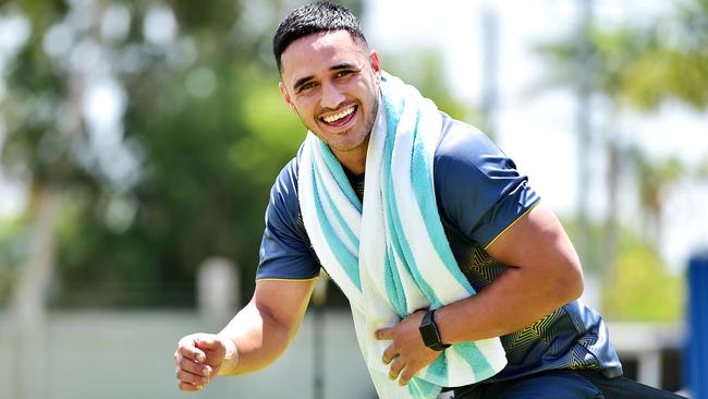 Valentine Holmes smiles at the camera as he does some resistance training. Picture: Alix Sweeney