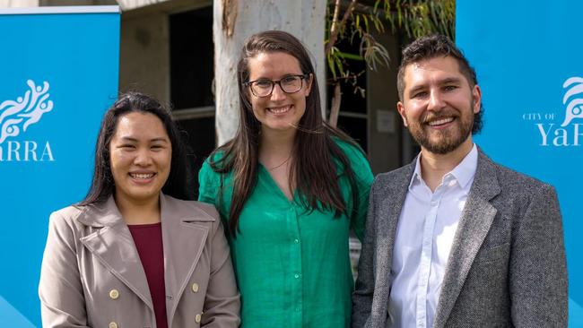 Yarra councillors (from left): former mayors Claudia Nguyen and Sophie Wade with new Mayor Edward Crossland. Supplied: City of Yarra