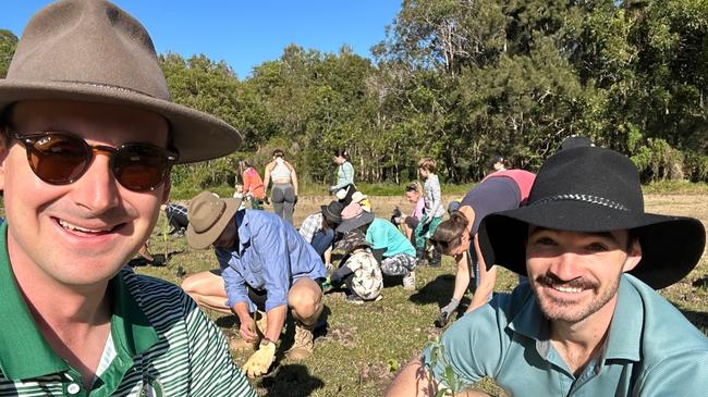 Bonney MP Sam O'Connor and Ryan Bayldon-Lumsden, out doing volunteer community tree planting, before the councillor's arrest.