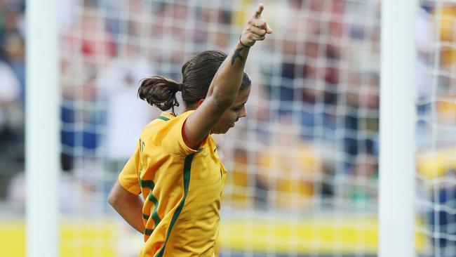 Sam Kerr celebrates a goal for the Matildas against China.