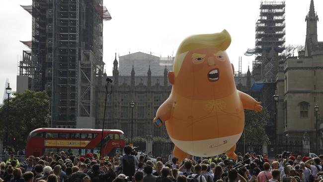 The blimp is being flown as a protest against Trump’s visit.