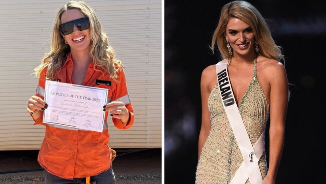 Grainne Gallanagh as a FIFO truck driver at a West Australian mine and as Miss Ireland during the 2018 Miss Universe pageant in Bangkok