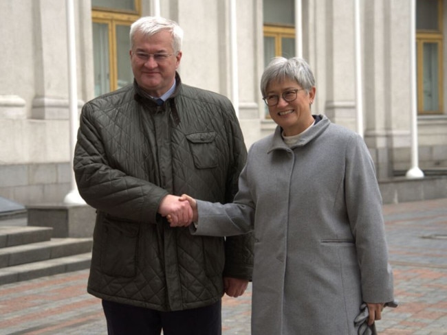 Penny Wong with Andrii Sybiha, Ukraine’s Minister for Foreign Affairs, in Kyiv ahead of their meeting. Picture: Mazoe Ford