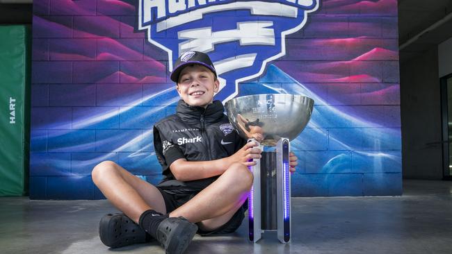 Charlie Meers, 9, at Ninja Stadium with the BBL Trophy. Picture: Caroline Tan