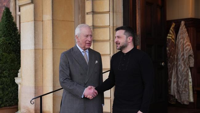 King Charles greets Ukrainian President Volodymyr Zelensky during a visit to the Sandringham Estate in Norfolk. Picture: Getty Images