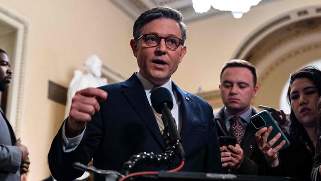 House Speaker Mike Johnson spoke Friday with reporters as a possible government shutdown loomed. Picture: Getty