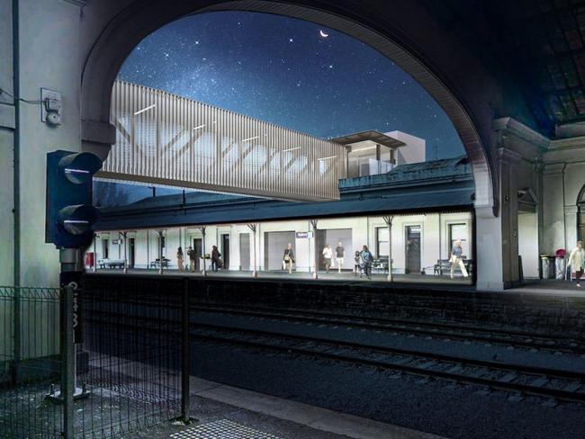 The plans include the installation of a pedestrian overpass with a passenger lift and stairs to both platforms.