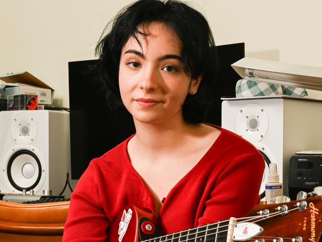 Musician Aleksiah, real name Alexia Damokas, at her home studio in Brompton, Kaurna Yarta, Monday, October 16, 2023. (The Advertiser/ Morgan Sette)