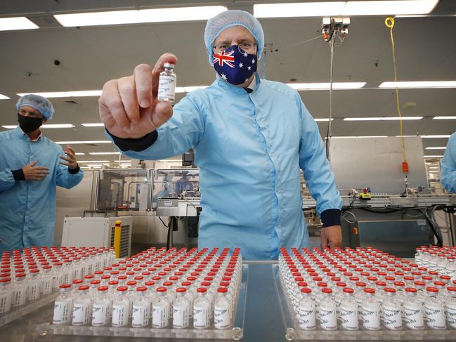 MELBOURNE, AUSTRALIA - FEBRUARY 12: Prime Minister Scott Morrison visits the CSL vaccine manufacturing facility on February 12, 2021 in Melbourne, Australia. Pharmaceutical company CSL is manufacturing Australia's Oxford-AstraZeneca COVID-19 vaccines.  (Photo by David Caird-Pool/Getty Images)