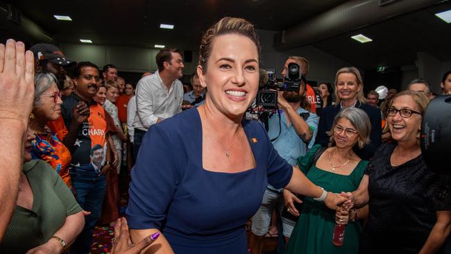 Country Liberal Party leader Lia Finocchiaro arrives to cheers after her party's 2024 Northern Territory election win. Picture: Pema Tamang Pakhrin