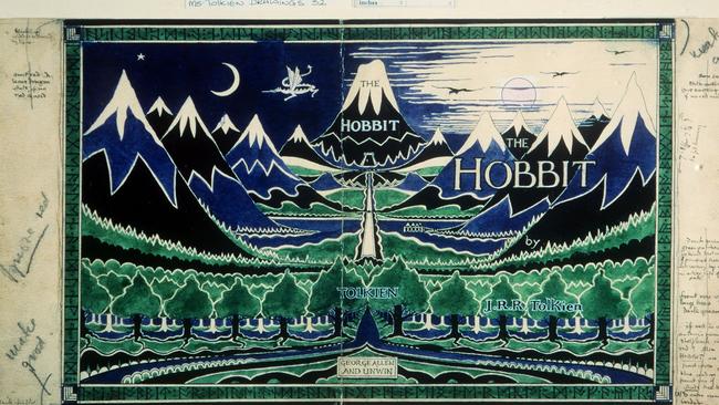 The original 1936 dust jacket apecs for The Hobbit as designed by author J.R.R. Tolkien.