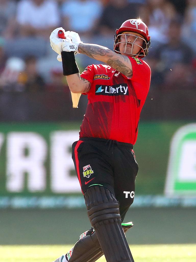 Melbourne Renegades captain Nic Maddinson hits out against the Sydney Sixers at GMHBA Stadium in December, 2022. Picture: Kelly Defina/Getty Images.