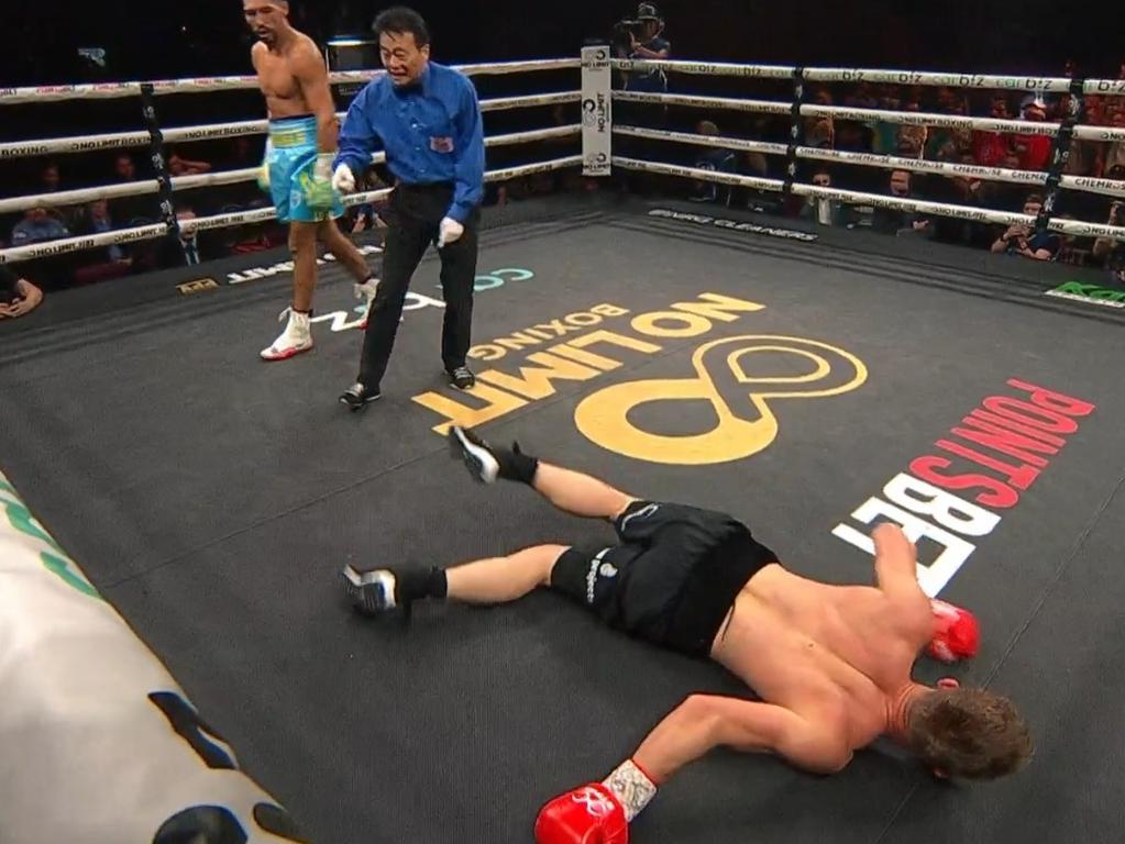 Mikhailovich faceplanted as he tried to get up. Photo: Fox Sports