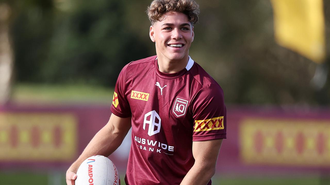 Reece Walsh gives a smile during a Brisbane Broncos NRL training