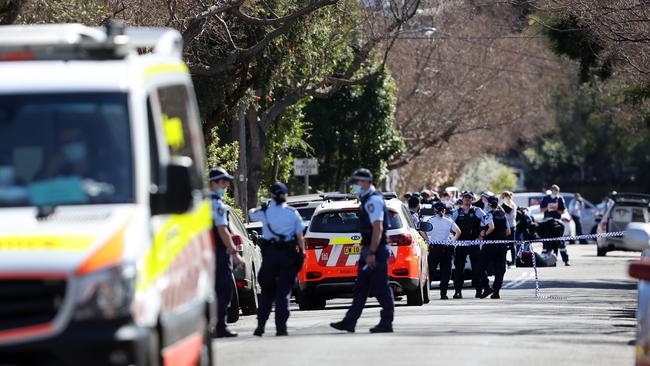 Police and emergency services at an address on Denison St in Dulwich Hill where a man is in a property after allegedly stabbing another man in Marrickville. Picture: Richard Dobson