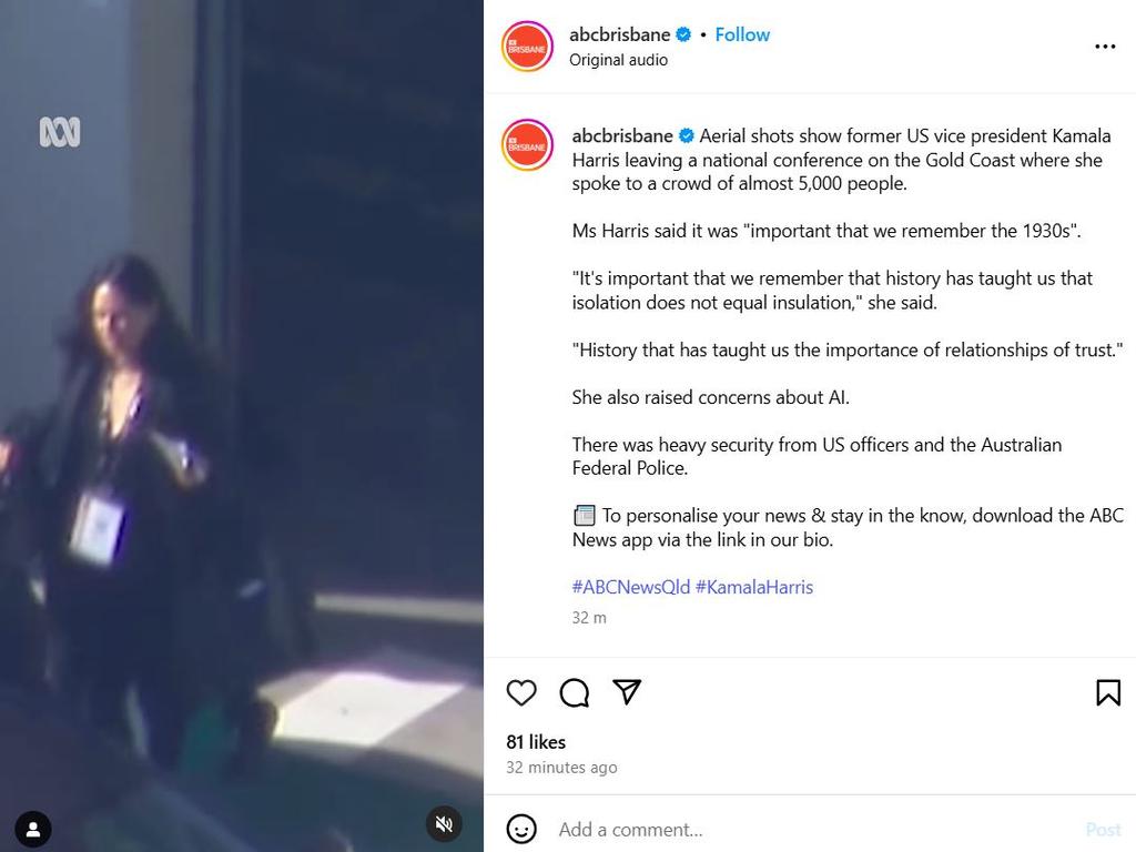 A social media clip posted by ABC Brisbane misidentified a member of Kamala Harris’s entourage as the former US Vice President, sparking online confusion before the video was quietly replaced.