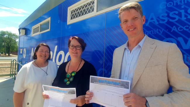 Disability inclusion and carer Kerein Mullins, Shadow Minister for Disability Inclusion Penny Sharpe and Wagga Councillor Dan Hayes at the Marveloo laydown facility at Bolton Park. Ms Sharpe was recently in Wagga to launch a petition for more facilities. Picture: Supplied