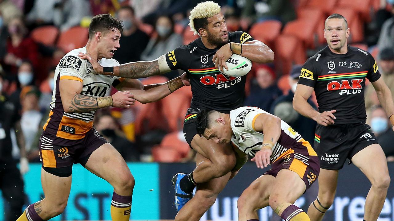 BRISBANE, AUSTRALIA - JULY 24: Viliame Kikau of the Panthers is tackled during the round 19 NRL match between the Penrith Panthers and the Brisbane Broncos at Suncorp Stadium, on July 24, 2021, in Brisbane, Australia. (Photo by Jono Searle/Getty Images)