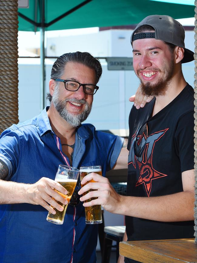 Jed and Chris enjoy a beer together. Picture: Josie Hayden