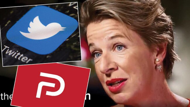 Katie Hopkins, with inset Twitter and Parler logos. Pictures: Supplied