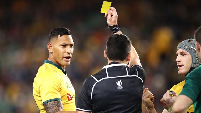 Israel Folau of the Wallabies is shown a yellow card by referee Pascal Gauzere. Picture: Getty Images